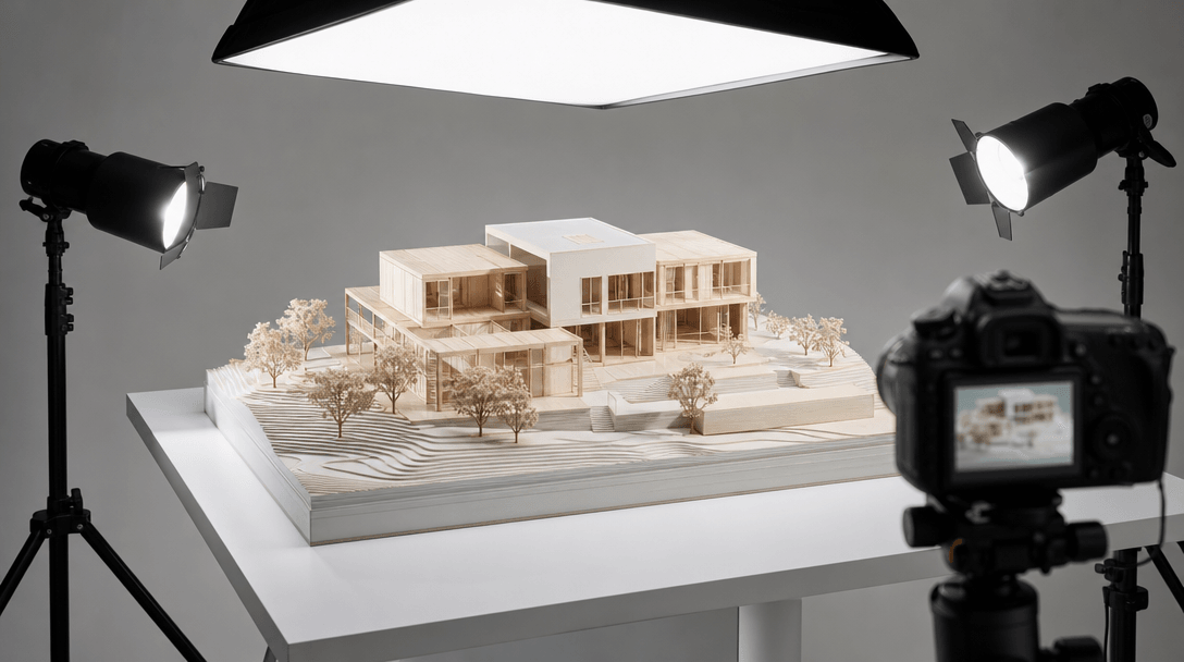 Professional studio setup photographing a small architectural model, bright clean overhead and key lighting, neutral bac