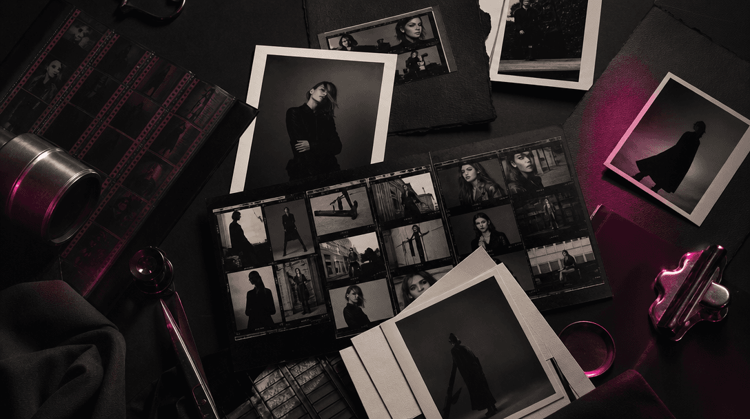 A refined creative production tableau with film frames, fashion contact sheets, textured paper, dark fabric, and metalli