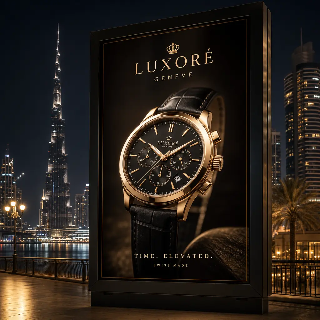 Luxury product featured on illuminated premium billboard at night, cityscape background with glowing lights, atmospheric