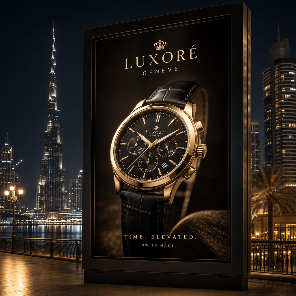 Luxury product featured on illuminated premium billboard at night, cityscape background with glowing lights, atmospheric