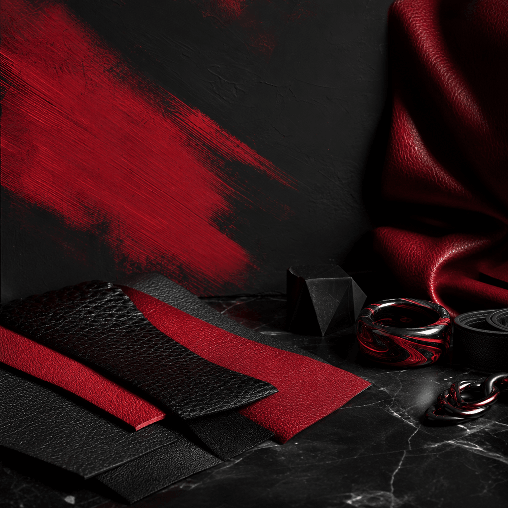 Fashion brand aesthetic in bold crimson red and obsidian black. Leather texture swatches, abstract ink brushstroke detai