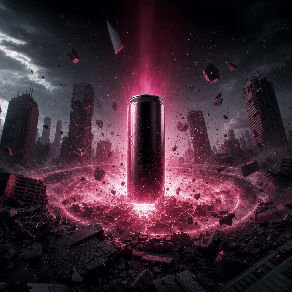 A sleek energy drink can standing at the epicenter of a crumbling city, shockwave rings radiating outward from its base,