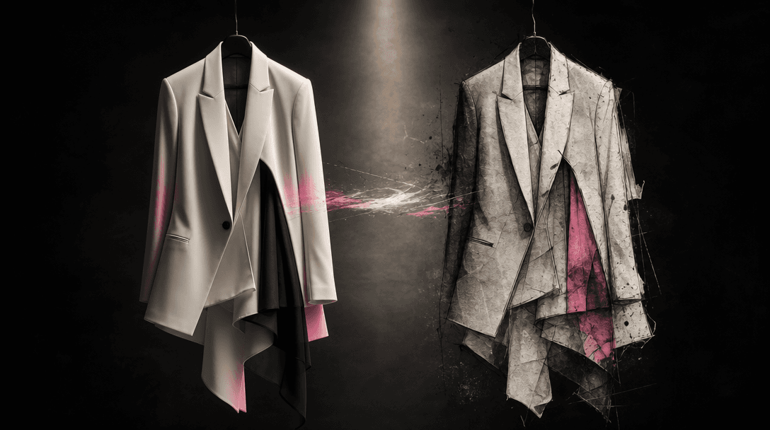 Two tailored garments suspended side by side in a dark editorial studio, one rendered as photoreal fabric and the other