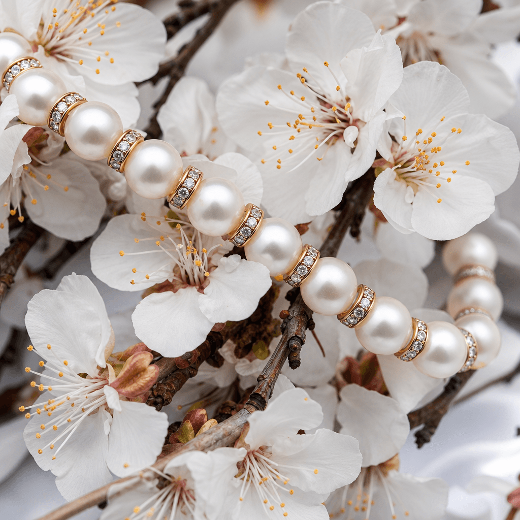Pearl bracelet draped elegantly among delicate white cherry blossom flowers, extreme close-up detail shot emphasizing te