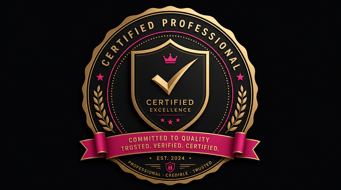 Professional certification badge design with shield and checkmark, official seal aesthetic, dark background near black,