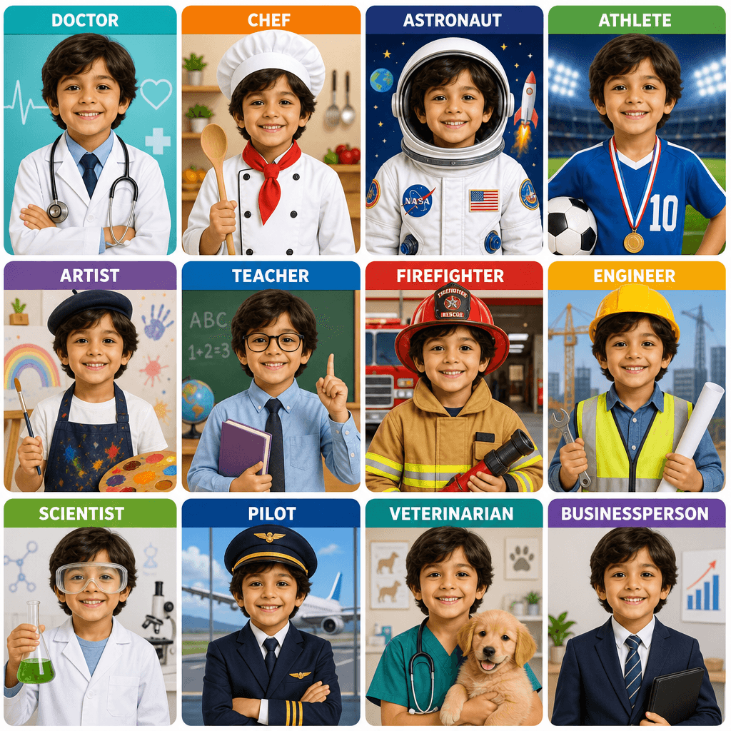 Jobs grid with bright colorful profession icons/outfits representing different careers. Same smiling child in each cell,