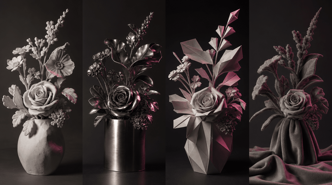 A single floral arrangement interpreted through four adjacent physical sets: matte plaster, brushed metal, folded paper,