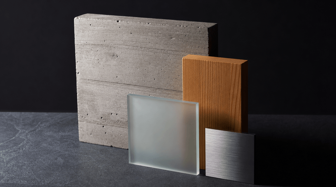 Macro editorial study of architectural material samples arranged on a honed slate surface: board-formed concrete slab, w