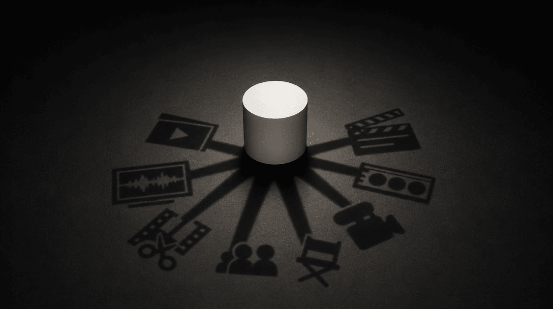 Single minimalist white cylindrical object on a dark surface, its cast shadow radiating outward into a symmetrical patte