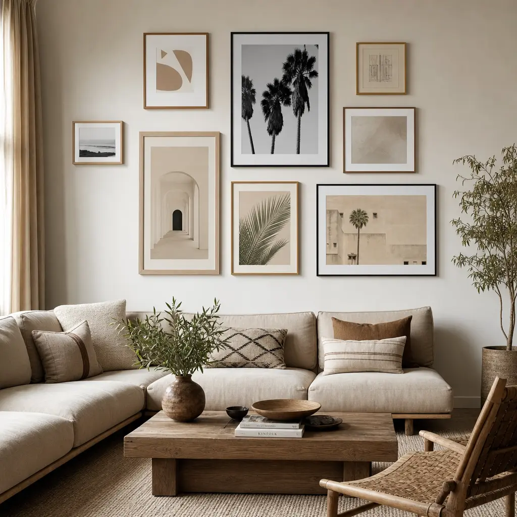 Gallery wall interior mockup with multiple artworks displayed professionally, styled room with furniture, editorial inte