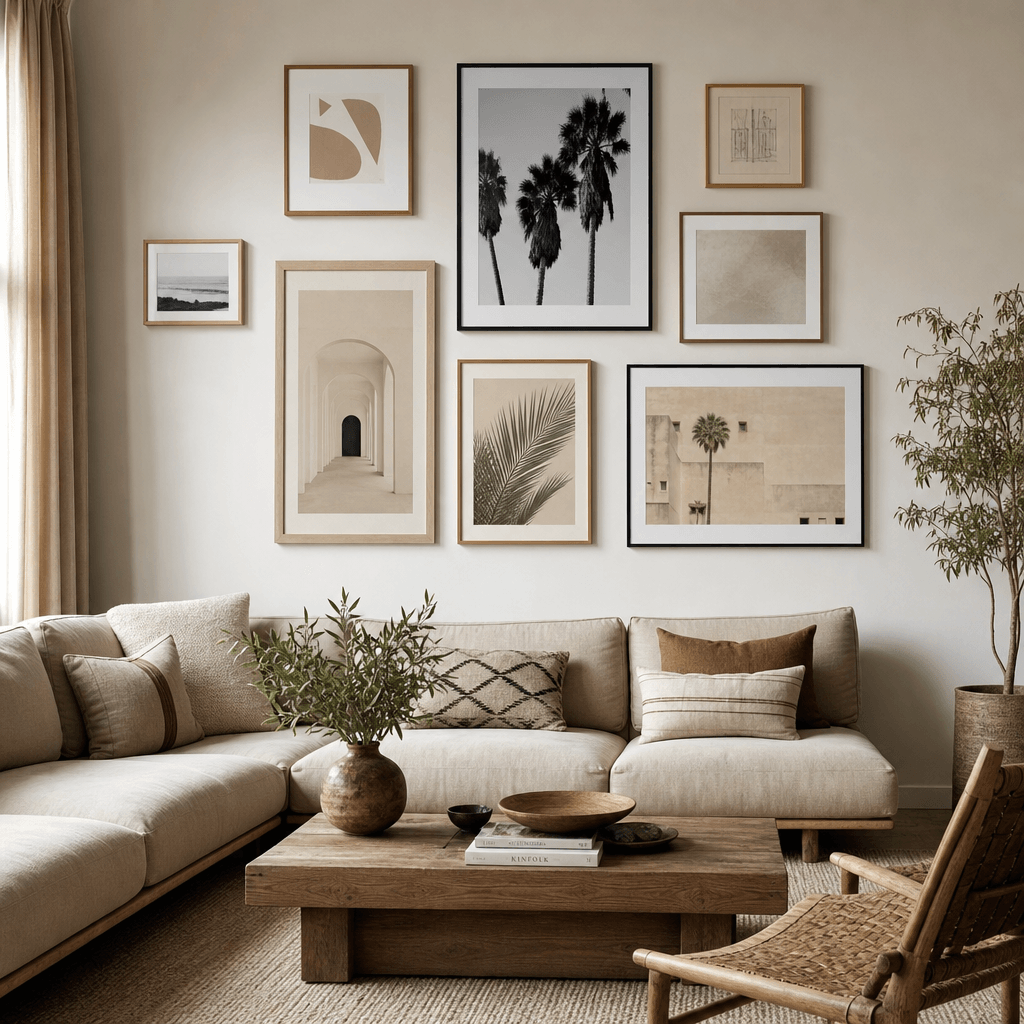 Gallery wall interior mockup with multiple artworks displayed professionally, styled room with furniture, editorial inte