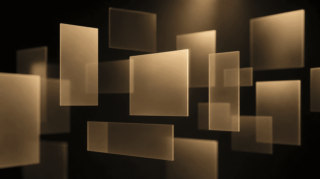 Abstract concept of multiple floating rectangular frames of varying proportions — tall portrait, square, and wide landsc