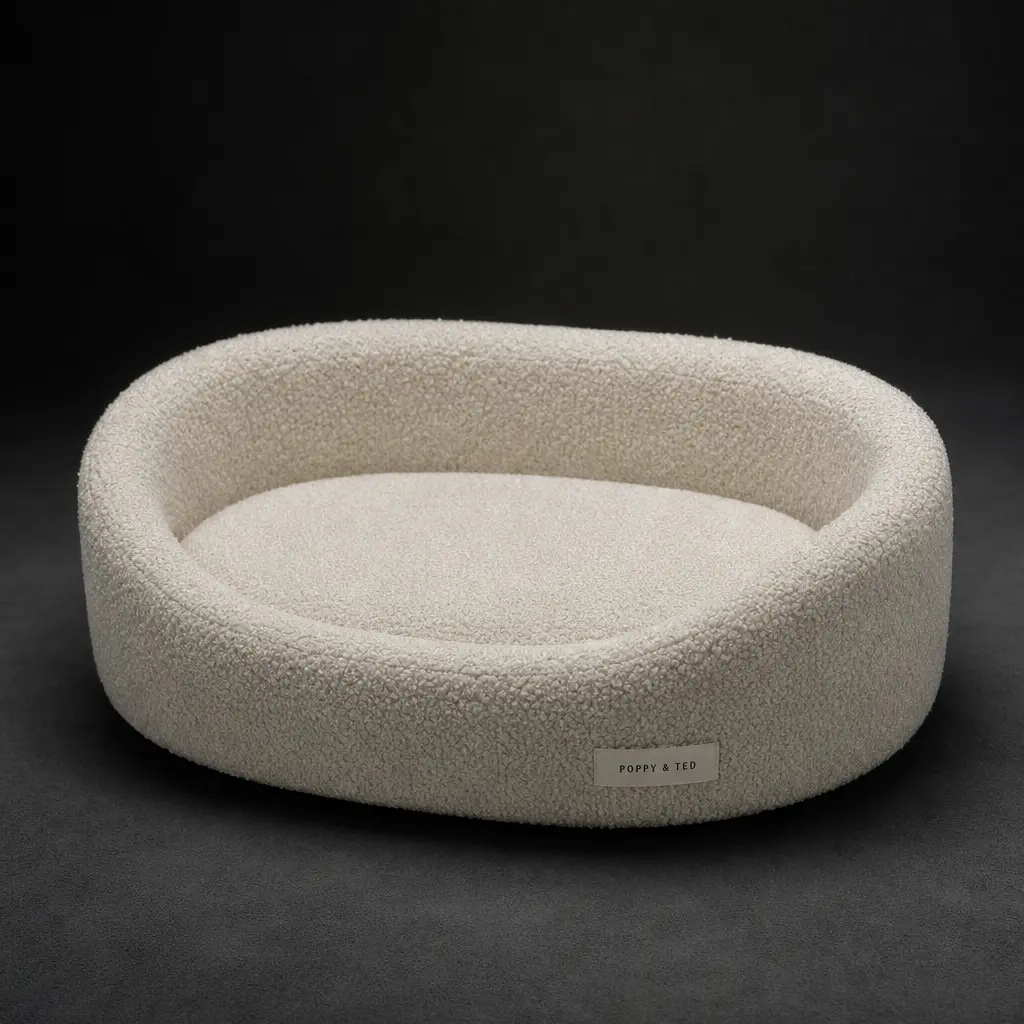 Dark studio product photography of a modern pet bed in cream boucle fabric, softly lit from directly above with diffused