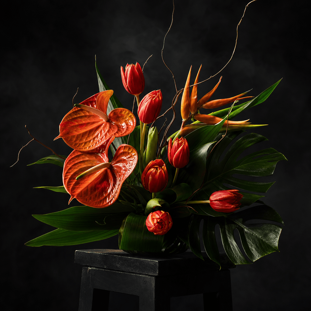 A bold contemporary bouquet of orange anthuriums, red tulips, and sculptural tropical leaves placed on a blackened woode
