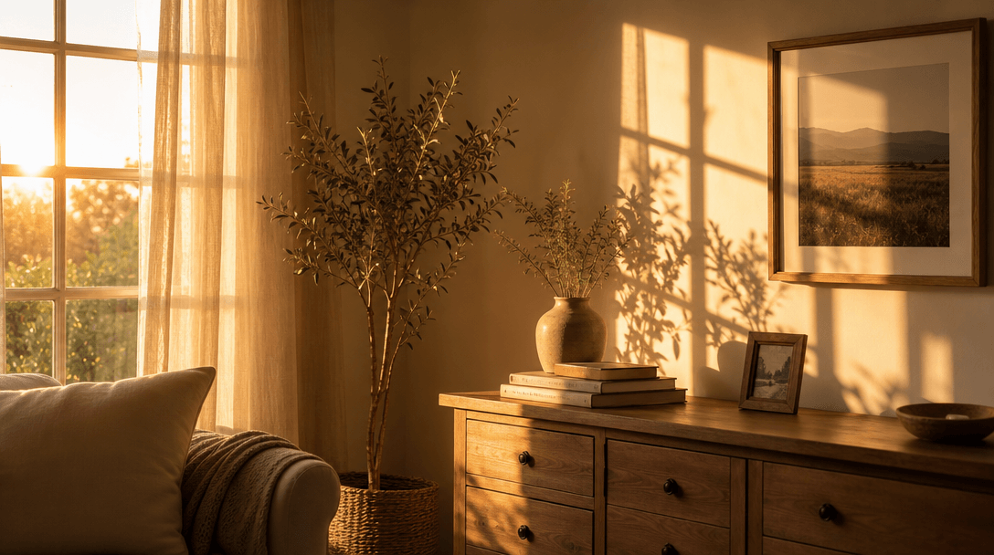 Warm golden hour light streaming through window in cozy room. Soft shadows on wall. Beautiful natural lighting creating