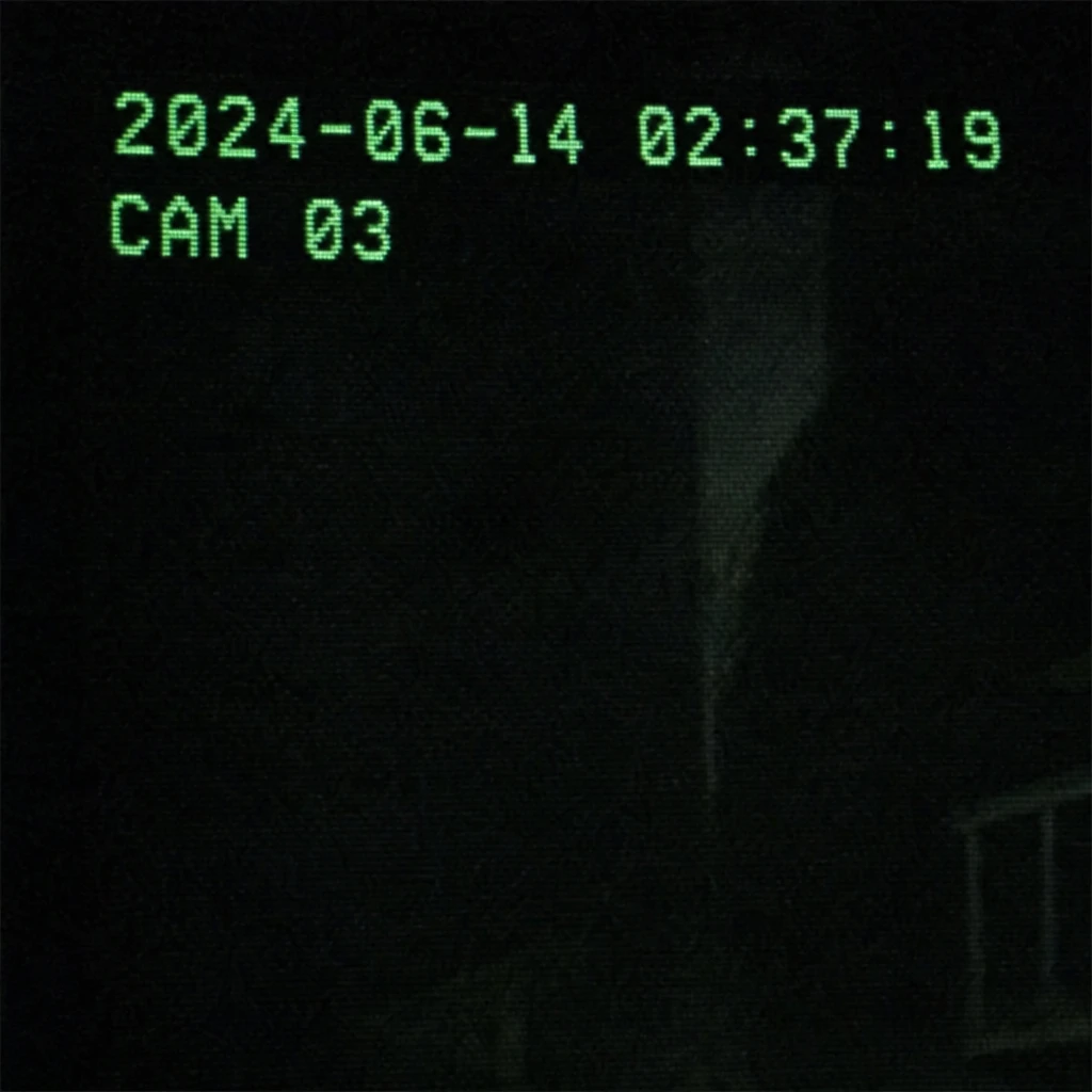 Close-up of vintage CCTV timestamp overlay with glowing green text against dark footage, date and time displayed clearly