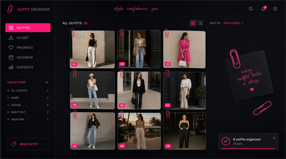 Digital interface showing 9 outfit photo thumbnails arranging themselves in grid formation with paperclip design element