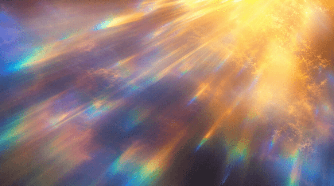 Abstract atmospheric light study: warm golden rays diffracting through high-altitude ice crystals and water vapor, soft