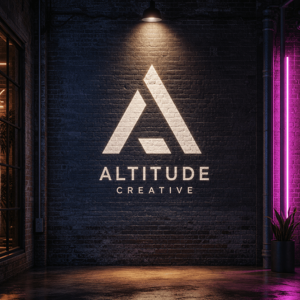 Creative agency symbol projected onto industrial warehouse brick wall with subtle neon accent glow. Dynamic lighting, mo