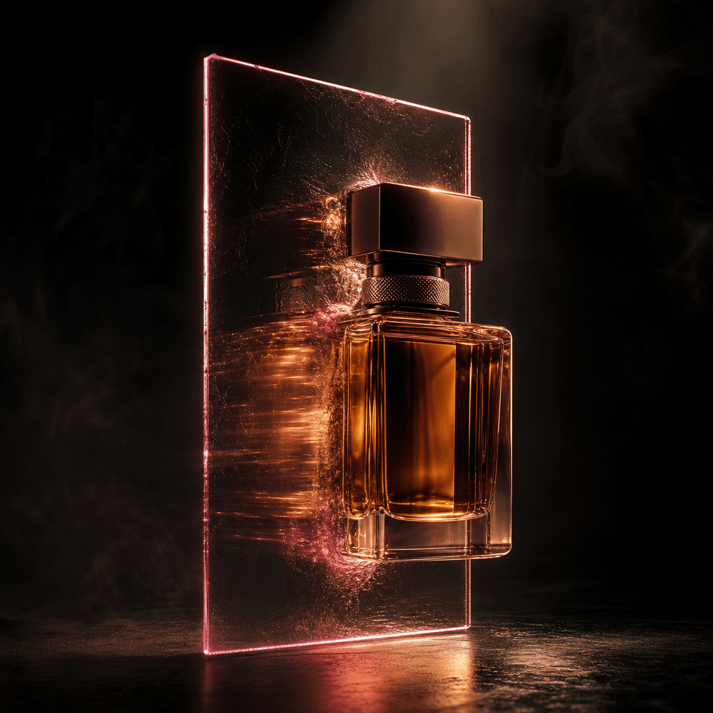 An amber fragrance bottle emerging through a translucent rectangular plane like a physical transfer portal, cinematic da