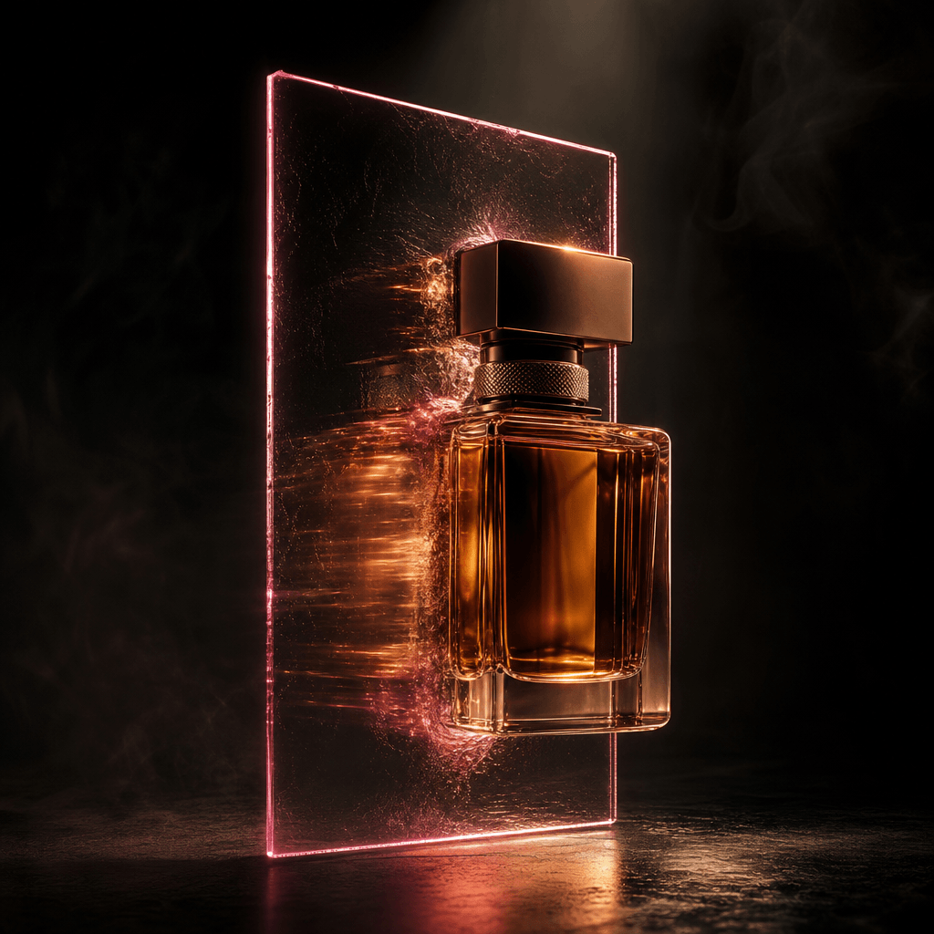 An amber fragrance bottle emerging through a translucent rectangular plane like a physical transfer portal, cinematic da