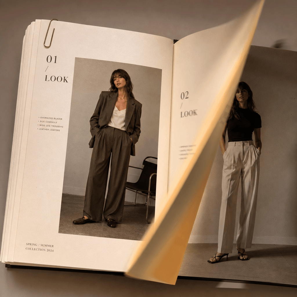 Page-turning animation showing outfit photos as paper pages, paperclip visible in corner, smooth motion blur, warm page