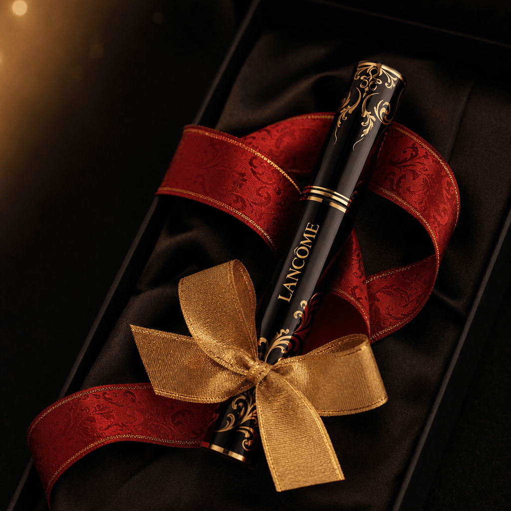 Single beauty item (mascara, nail polish, or lip balm) with intricate red ribbon detail and gold bow tie, cinematic ligh