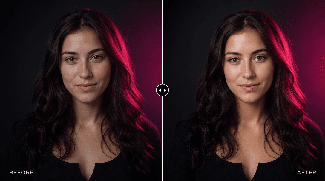 Professional headshot photograph transitioning seamlessly into enhanced version with improved lighting and color grading