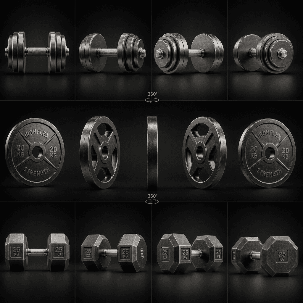Metallic dumbbells and weight plates rotating smooth 360 degrees with dramatic studio lighting creating strong contrast