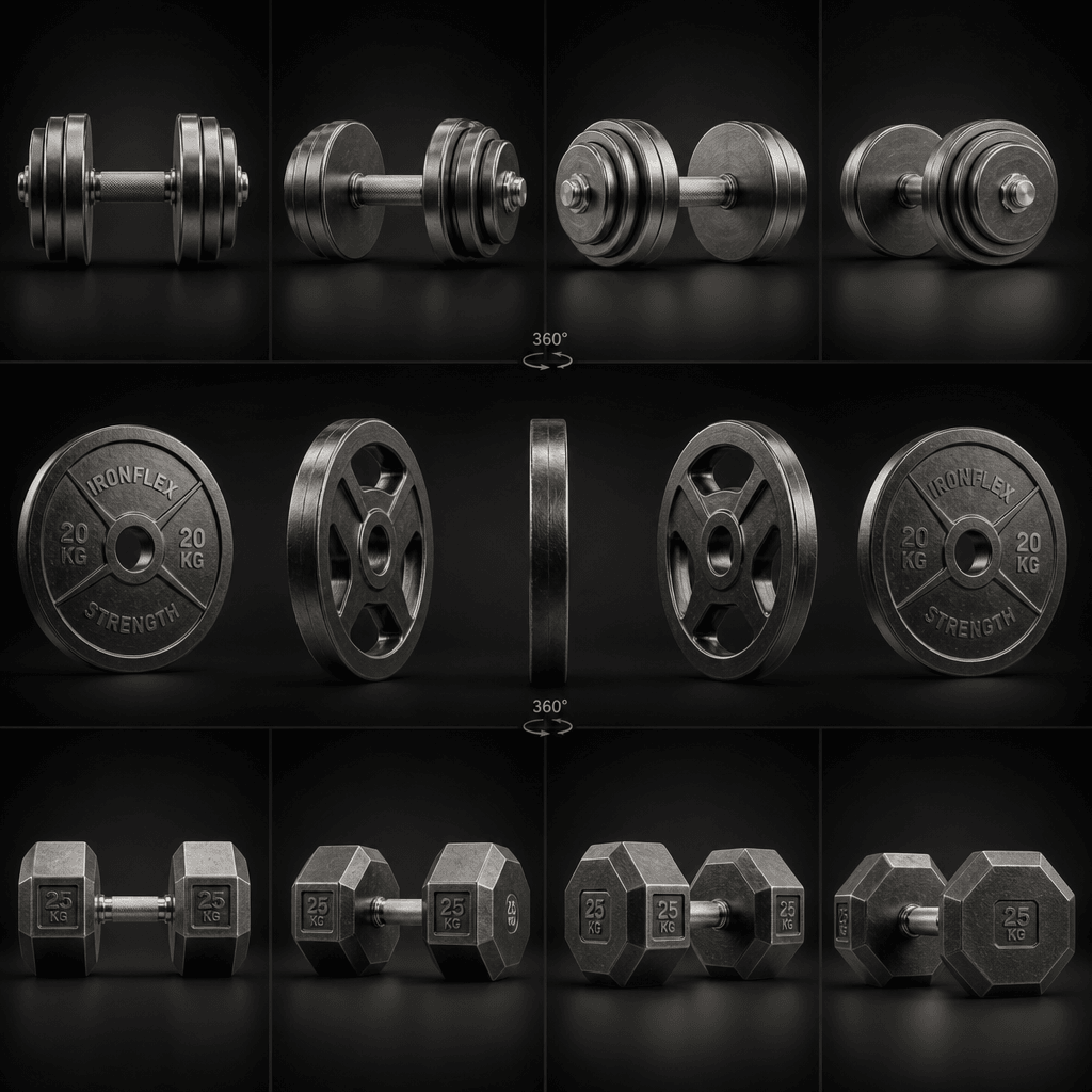 Metallic dumbbells and weight plates rotating smooth 360 degrees with dramatic studio lighting creating strong contrast