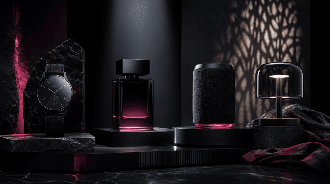 Four distinct product silhouettes arranged across modular black stages, each illuminated by a different controlled studi