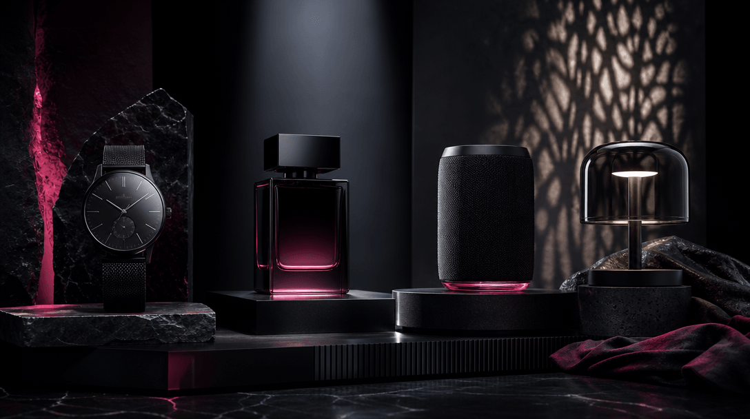 Four distinct product silhouettes arranged across modular black stages, each illuminated by a different controlled studi