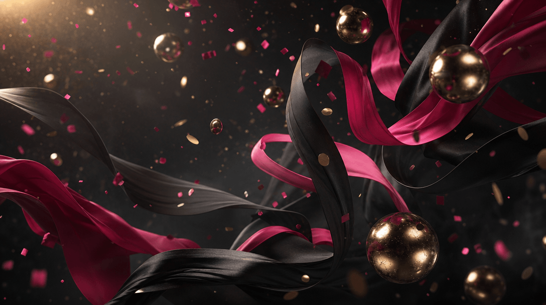 An abstract celebration of joy represented by flowing silk ribbons, floating metallic spheres, soft confetti, and warm l