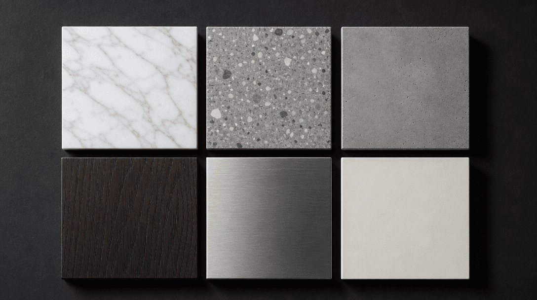 Flat-lay editorial of six square architectural material swatches arranged in a precise 2×3 grid on a deep charcoal surfa