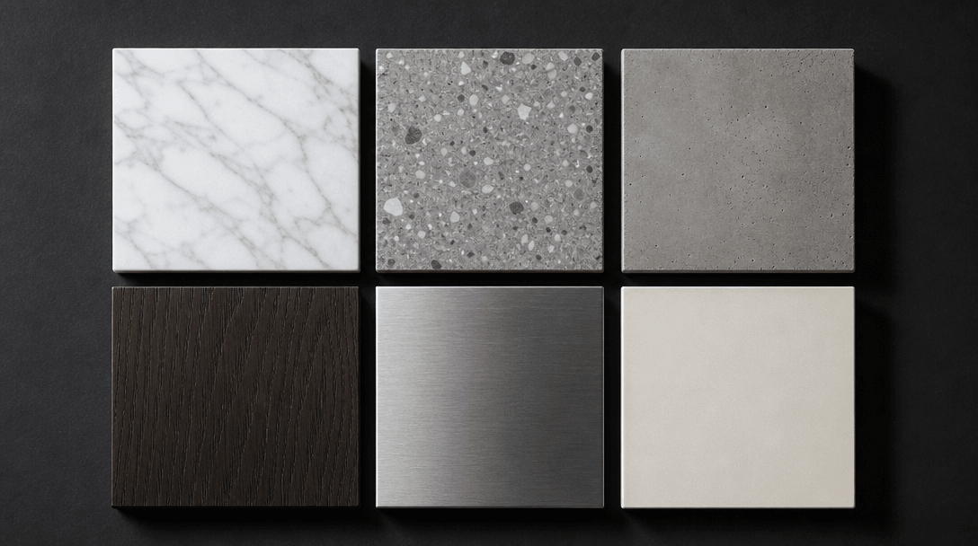 Flat-lay editorial of six square architectural material swatches arranged in a precise 2×3 grid on a deep charcoal surfa