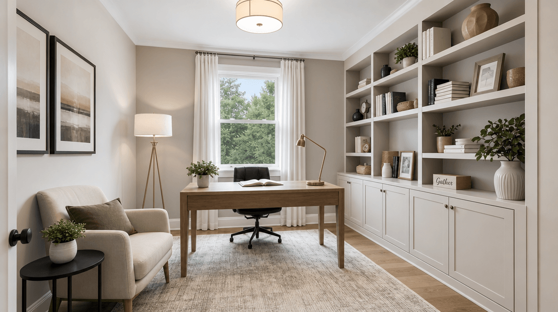 Clean room with subtle professional staging: minimal furniture, neutral decor, organized shelving, welcoming ambiance. I