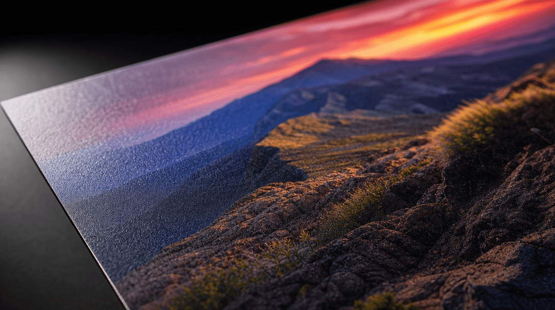 Close-up of high-quality print surface texture: professional glossy or matte finish showing vibrant color accuracy, prec