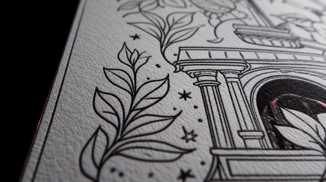 Extreme macro view of immaculate black ink contours flowing across textured white drawing paper, showing leaves, stars,