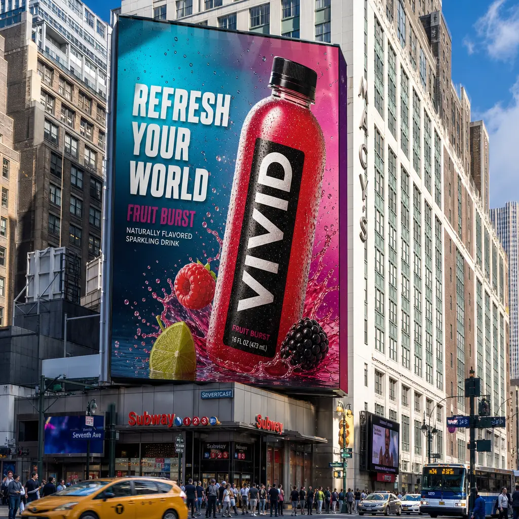 Large outdoor billboard featuring colorful beverage bottle in busy downtown intersection, daytime bright sunlight, reali