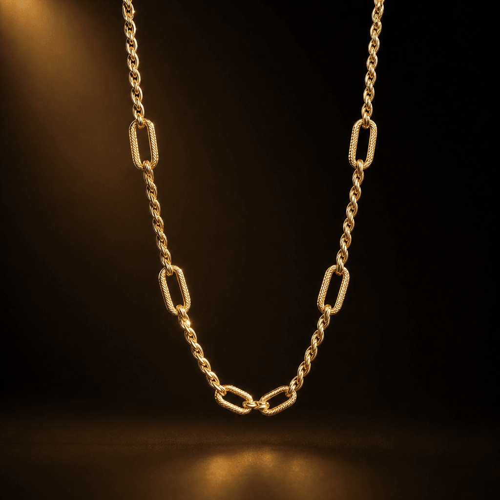 Elegant gold necklace suspended in space with subtle rotation, warm cinematic lighting highlighting chain texture and li