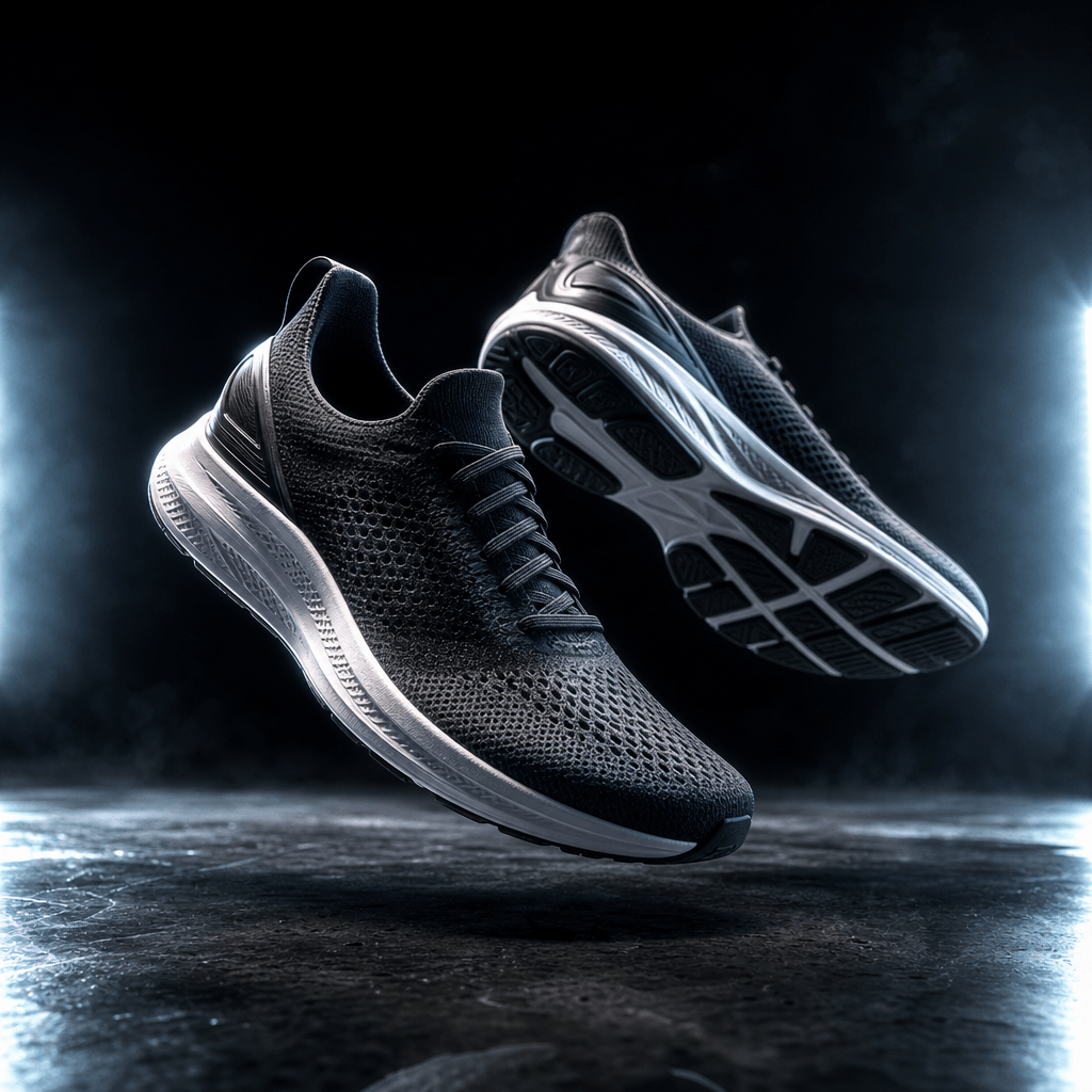 Cinematic product ad still: premium running shoes floating just above a dark reflective concrete surface, dramatic rim l