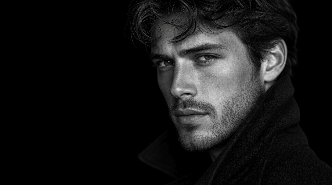 High-resolution portrait detail showing crisp lines, fine textures, professional print quality, monochrome depth and con