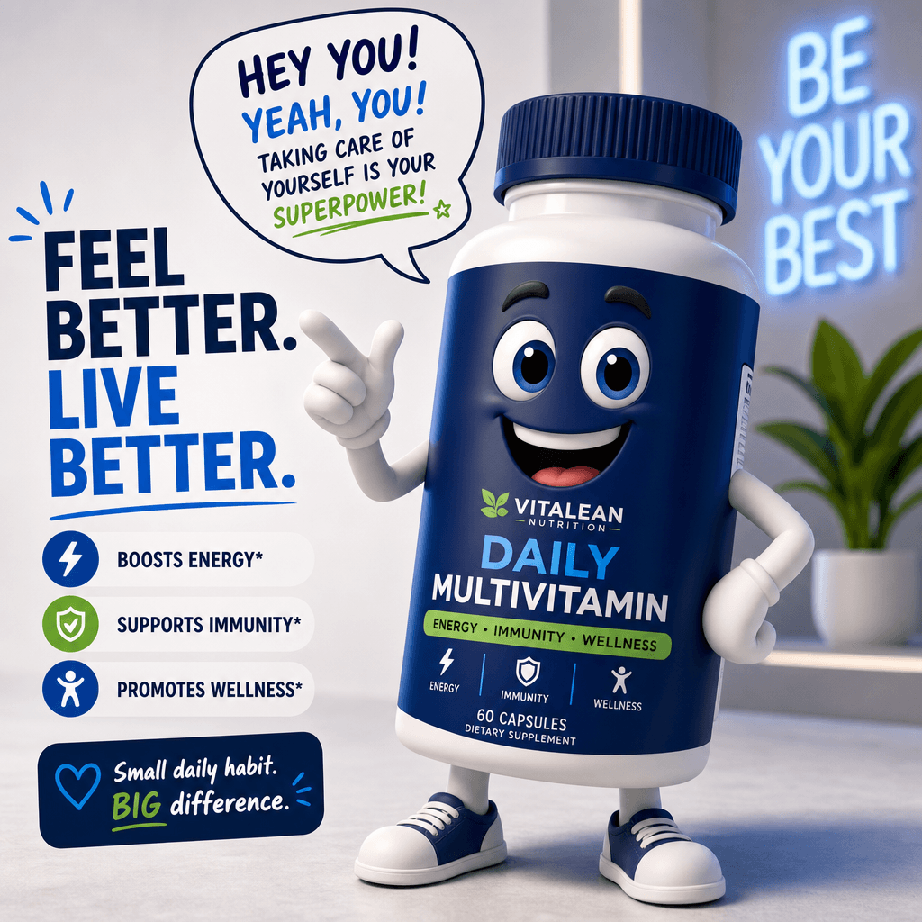 An animated supplement bottle transformed into a talking character, engaging with viewers in a playful manner, set again