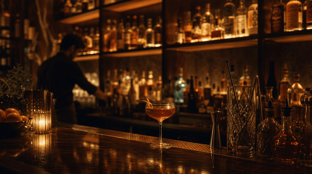 Wide atmospheric scene inside a premium cocktail bar: dark wooden shelves lined with back-lit spirit bottles, warm amber