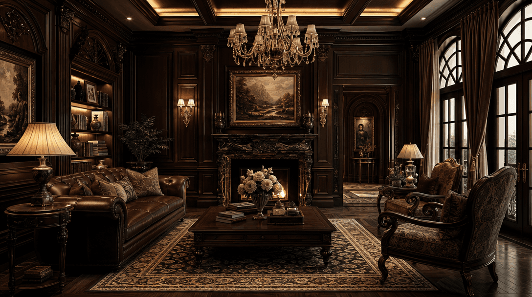 Luxurious interior room texture with elegant furnishings, dark wood tones, ornate details, soft lighting creating depth