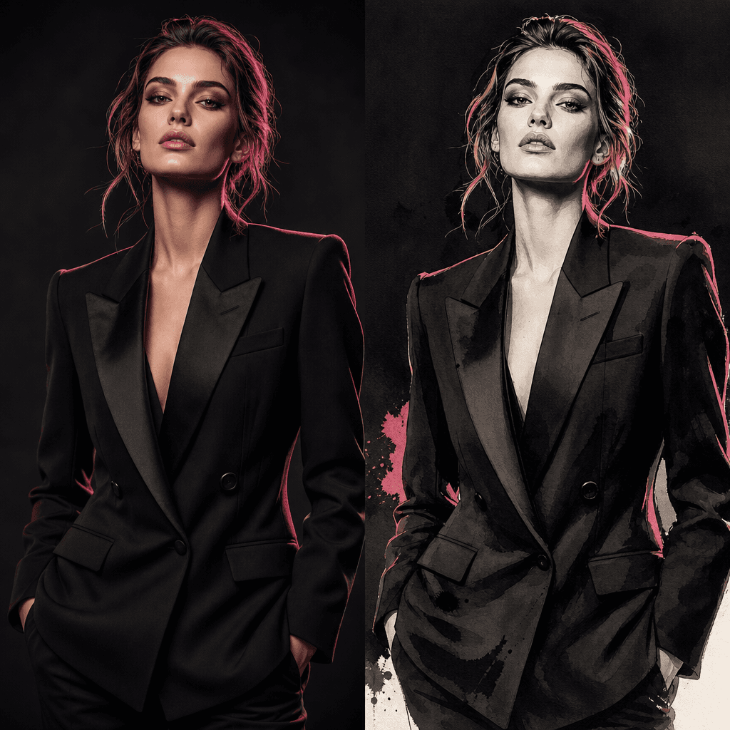 A square side-by-side fashion composition featuring a structured black blazer look as a realistic studio portrait and a