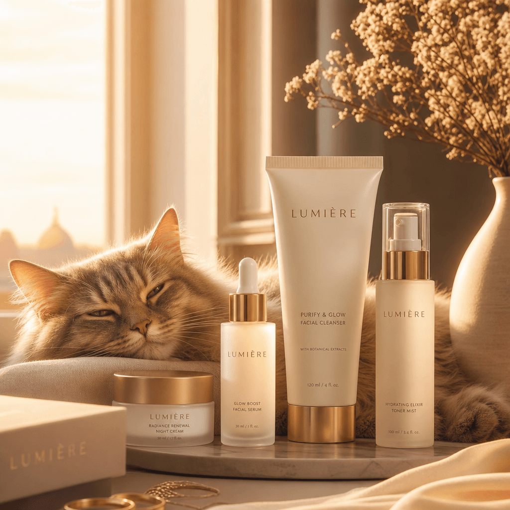 Beauty product line with relaxed cat and warm golden hour light, professional arrangement, luxury aesthetic.