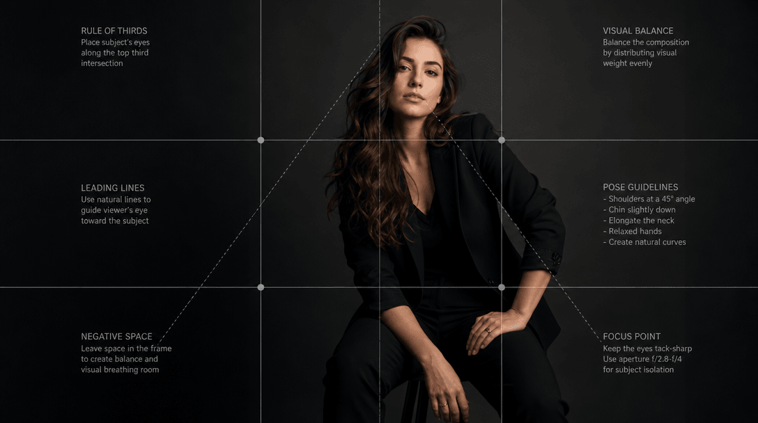 Minimalist professional studio setup with clean dark background and subtle focus guidelines. Professional posing marks v