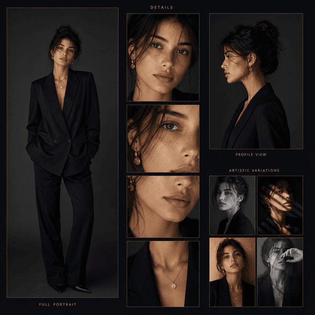 A creative multiview sheet featuring a portrait photo arranged in a gallery-style cascade: full portrait, close-up detai
