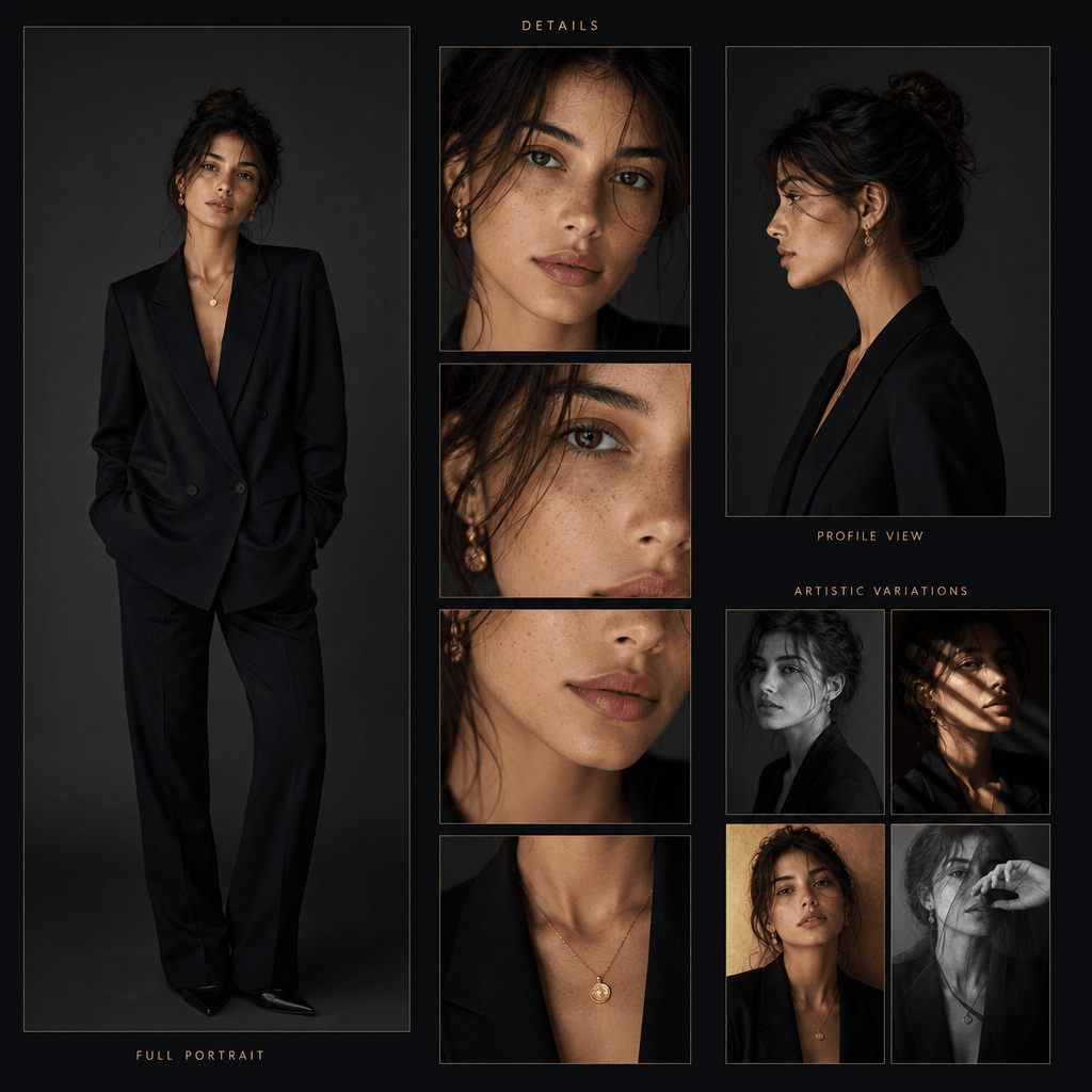 A creative multiview sheet featuring a portrait photo arranged in a gallery-style cascade: full portrait, close-up detai